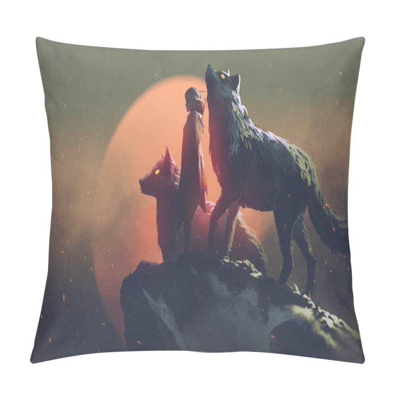 Personality   The Woman In The Cloak Standing With Her Two Wolves, Digital Art Style, Illustration Painting Pillow Covers