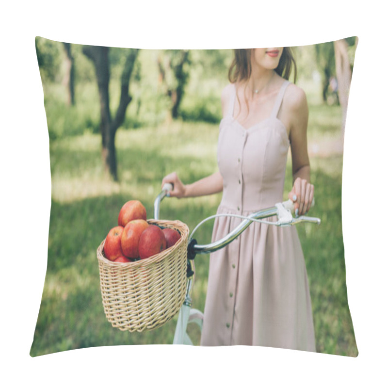 Personality  Partial View Of Woman In Dress Holding Retro Bicycle With Wicker Basket Full Of Ripe Apples At Countryside Pillow Covers