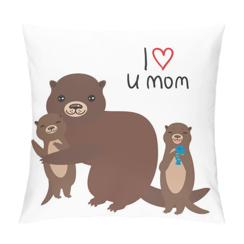 Personality  I Love You Mom. Funny Brown Kids Otters With Fish On White Background. Excellent Gift Card For Mothers Day. Thanks Mom. Kawaii Greeting Print. Vector Illustration Pillow Covers