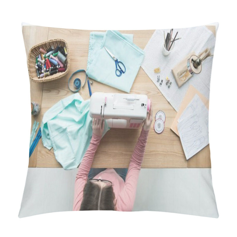 Personality  Top View Of Woman Seamstress At Workplace With Sewing Machine Pillow Covers