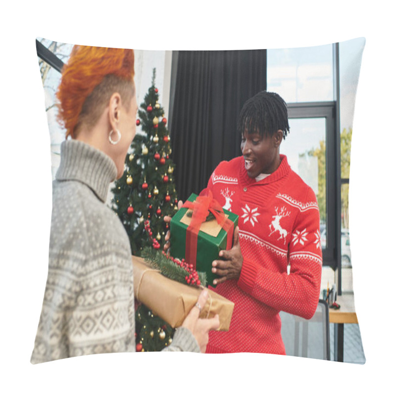 Personality  Two Young Colleagues Share A Moment Of Happiness While Exchanging Presents During The Holiday Season Pillow Covers