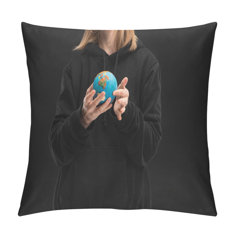 Personality  Cropped View Of Woman Holding Plasticine Globe Isolated On Black, Global Warming Concept Pillow Covers