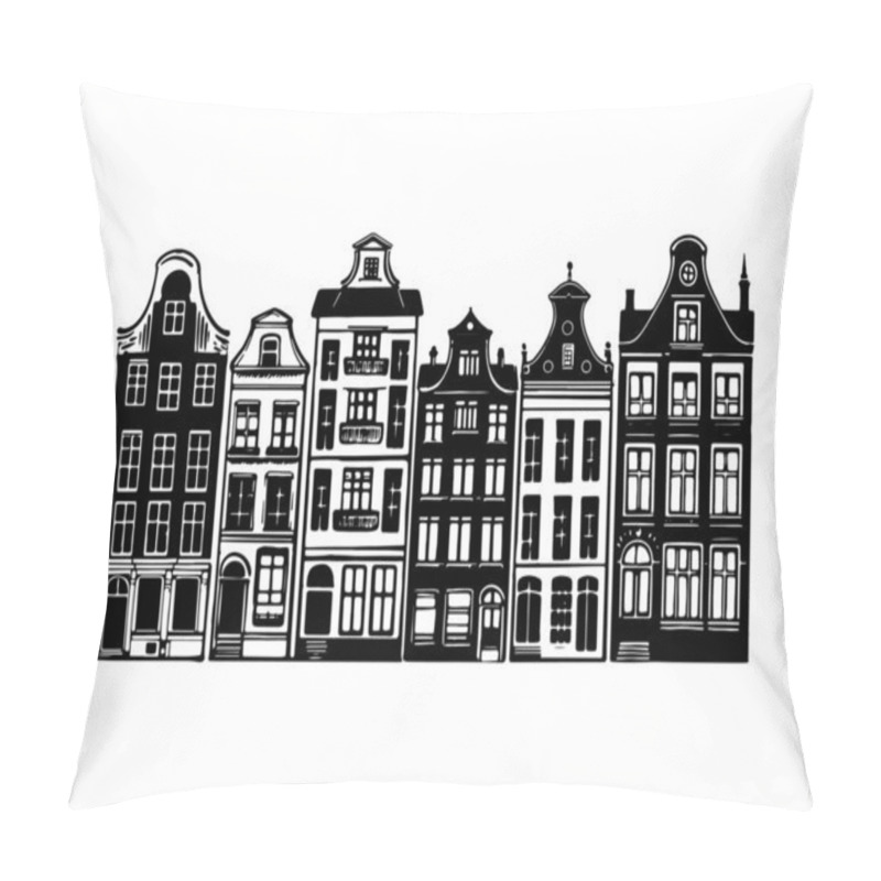 Personality  Houses Facades In A Row, Amsterdam Hand Drawn Illustration. Pillow Covers