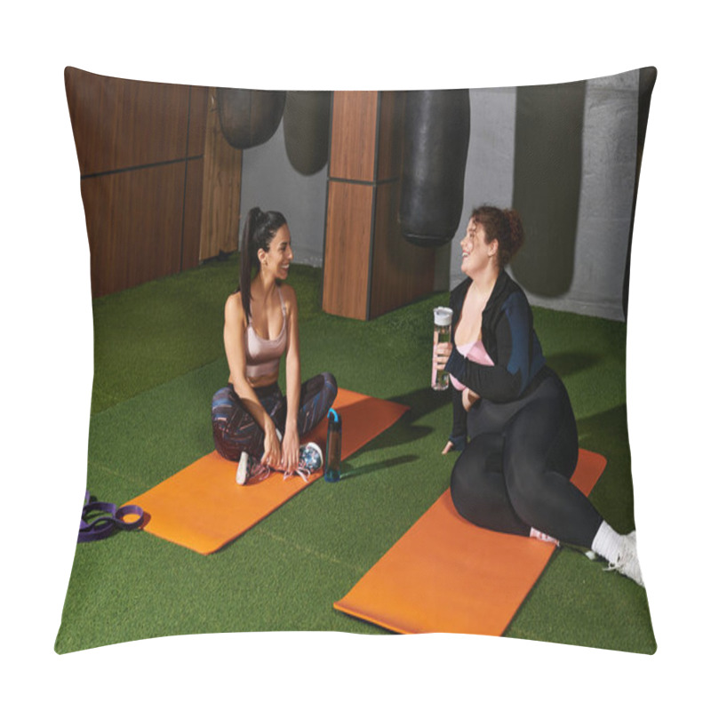 Personality  Two Friends Share A Light Hearted Moment On Workout Mats At A Vibrant Gym, Enjoying Their Break. Pillow Covers