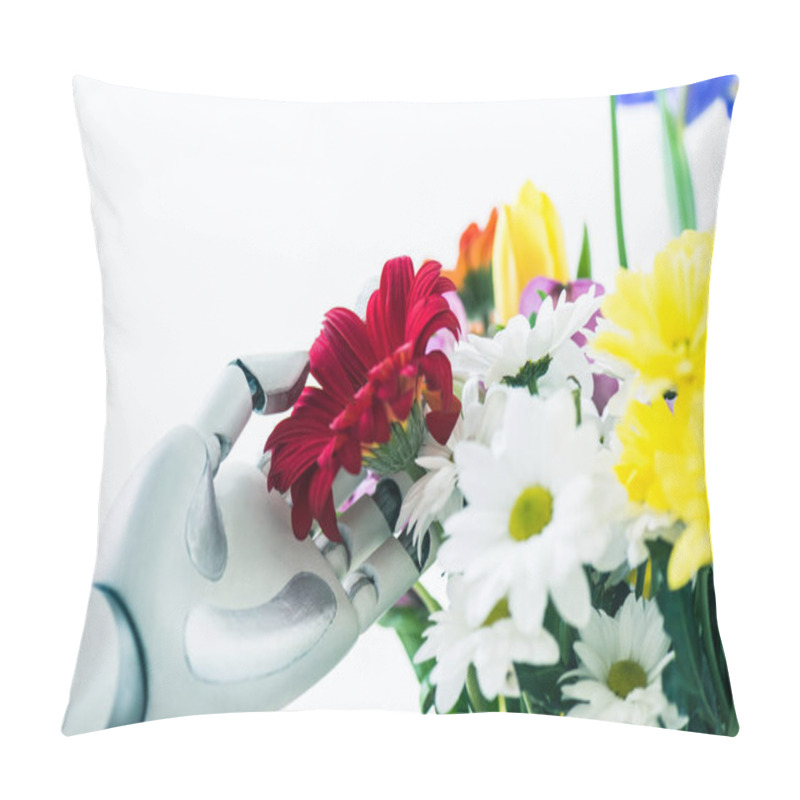 Personality  Close-up View Of Robot Touching Beautiful Flowers Isolated On White Pillow Covers