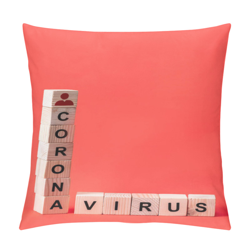 Personality  Wooden Cubes With Person Icon And Coronavirus Lettering On Red With Copy Space  Pillow Covers