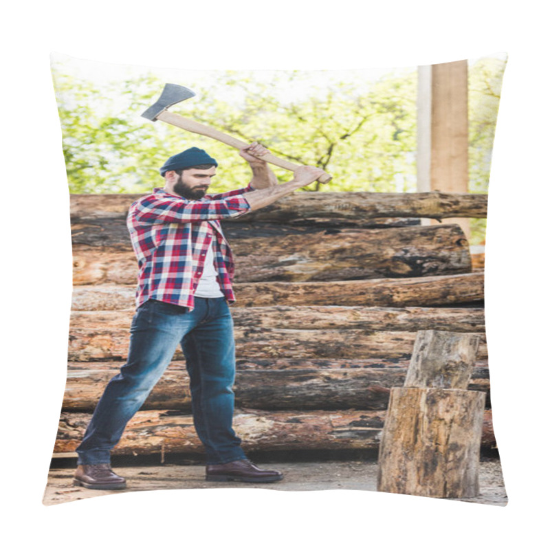 Personality   Lumberjack In Checkered Shirt Chopping Log At Sawmill  Pillow Covers