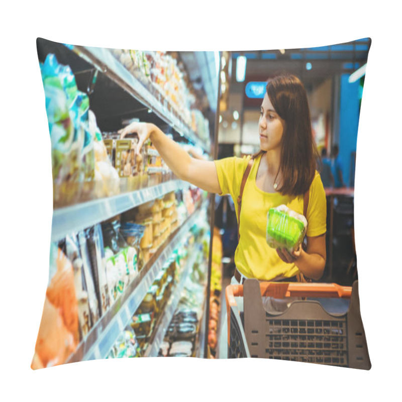 Personality  Young Pretty Adult Woman Do Shopping In Grocery Store Pillow Covers