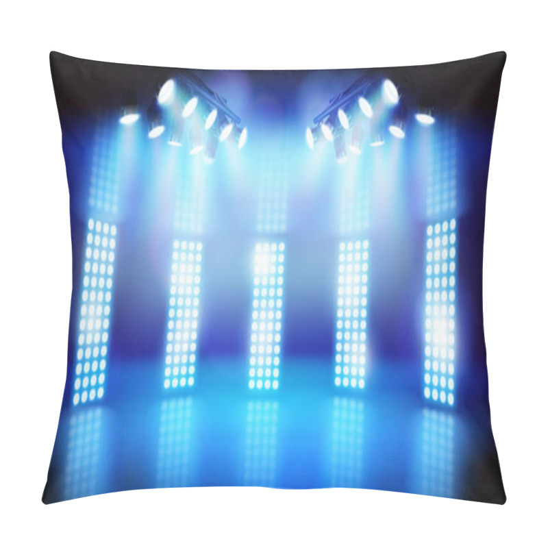 Personality  Television Studio Illuminated By Spotlight During The Show. Blue Lights On The Stage. Place For The Exhibition. Vector Illustration. Pillow Covers