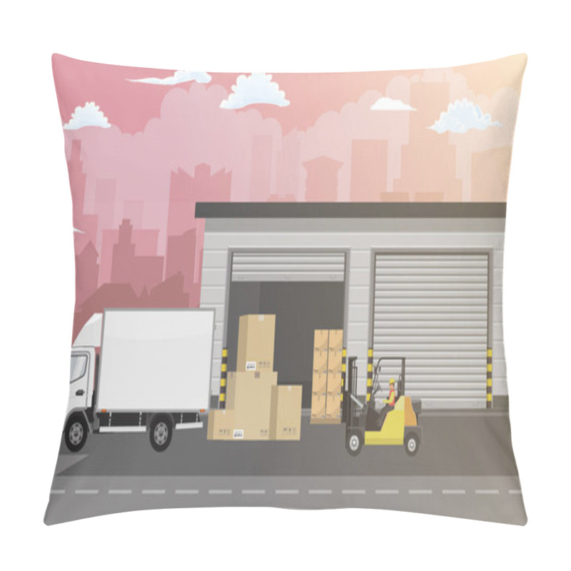 Personality  Warehouse Building Facade, Truck And Forklift Truck On Cityscape Background. Vector Illustration. Pillow Covers