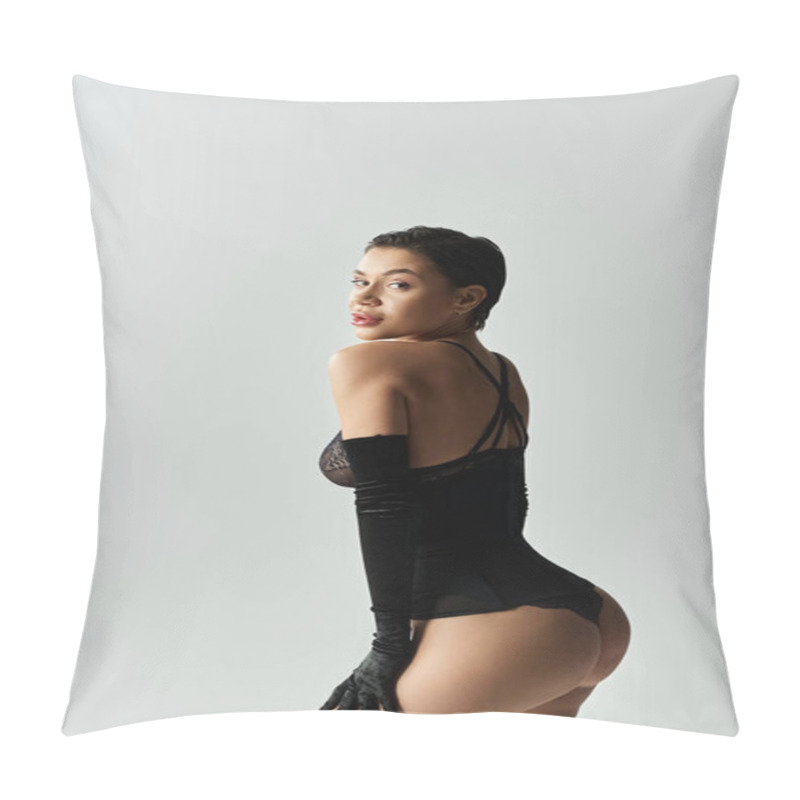 Personality  A Young Woman In Black Lingerie Poses Confidently, Her Gaze Directed Towards The Camera. Pillow Covers