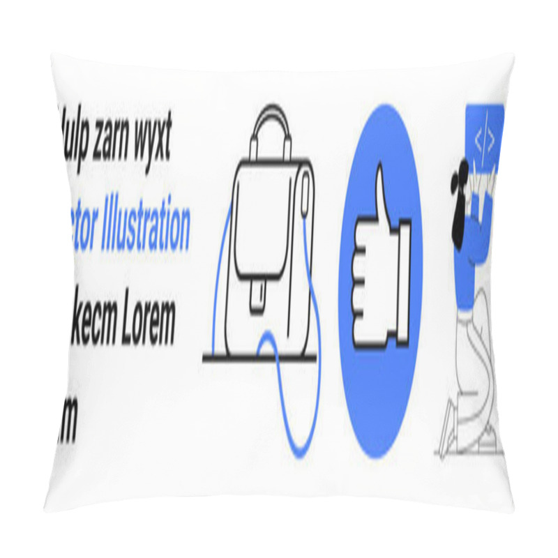 Personality  Business Text, Briefcase, Thumbs Up Icon, Person Coding At Desk. Ideal For Business, Presentation, Marketing, Workflow, Project Management, Education Training Landing Page Pillow Covers