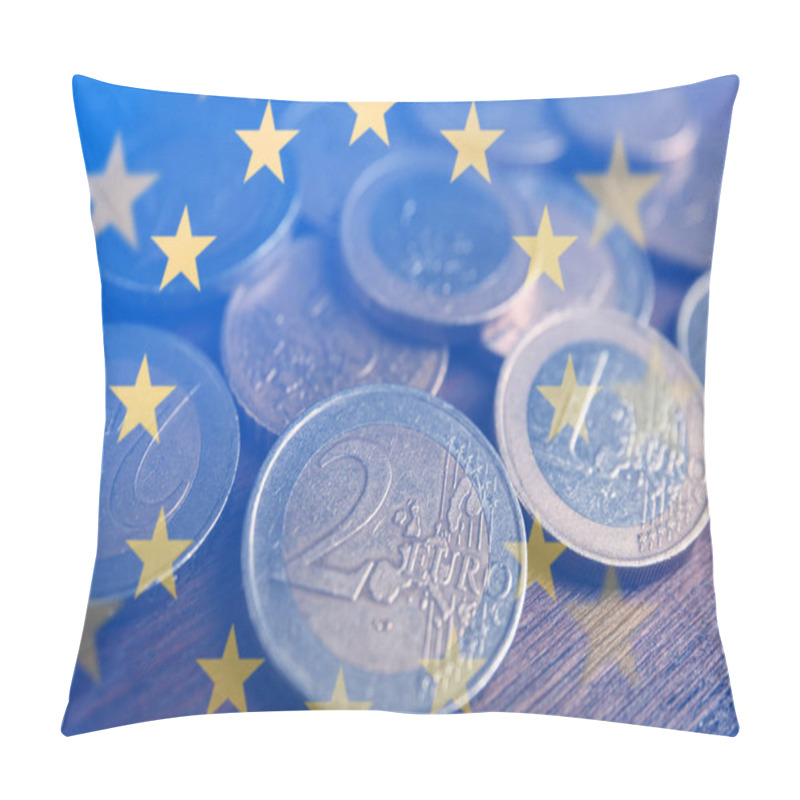 Personality  Double Exposure Of European Union Flag And Coins On Wooden Table, Closeup View Pillow Covers