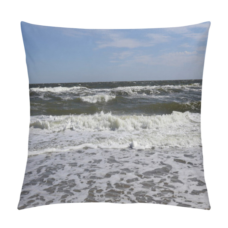 Personality  A Vibrant Ocean Scene Showcasing Foamy Waves Crashing Towards The Shore Under A Serene Blue Sky With Scattered Clouds. Pillow Covers