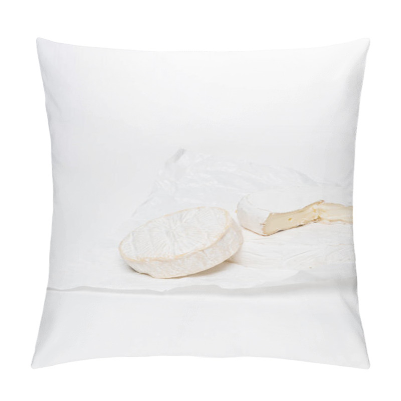 Personality  Close-up Shot Of Brie Cheese On Crumpled Paper And On White Surface Pillow Covers