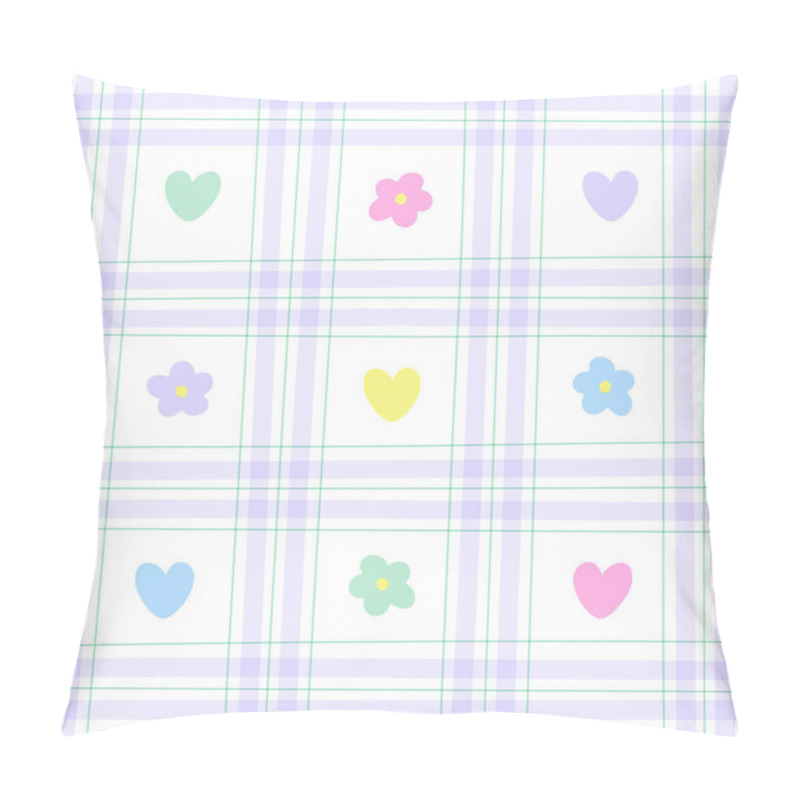 Personality  Cute Element Heart Flower Rainbow Pastel Gingham Pattern Editable Stroke. Cartoon Illustration Cloth, Mat, Fabric Pattern, Textile, Scarf, Wrapping Paper. Pillow Covers