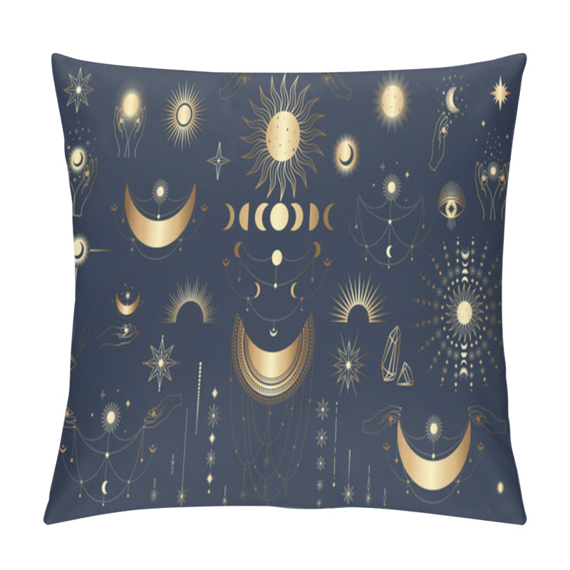 Personality  Hand Drawn Set Of Golden Mystical Sun, Moon, Woman Hand, Diamond, Star, Eye In Line Art. Spiritual Celestial Space. Magic Collection, Galaxy Talisman. Vector Illustration Pillow Covers