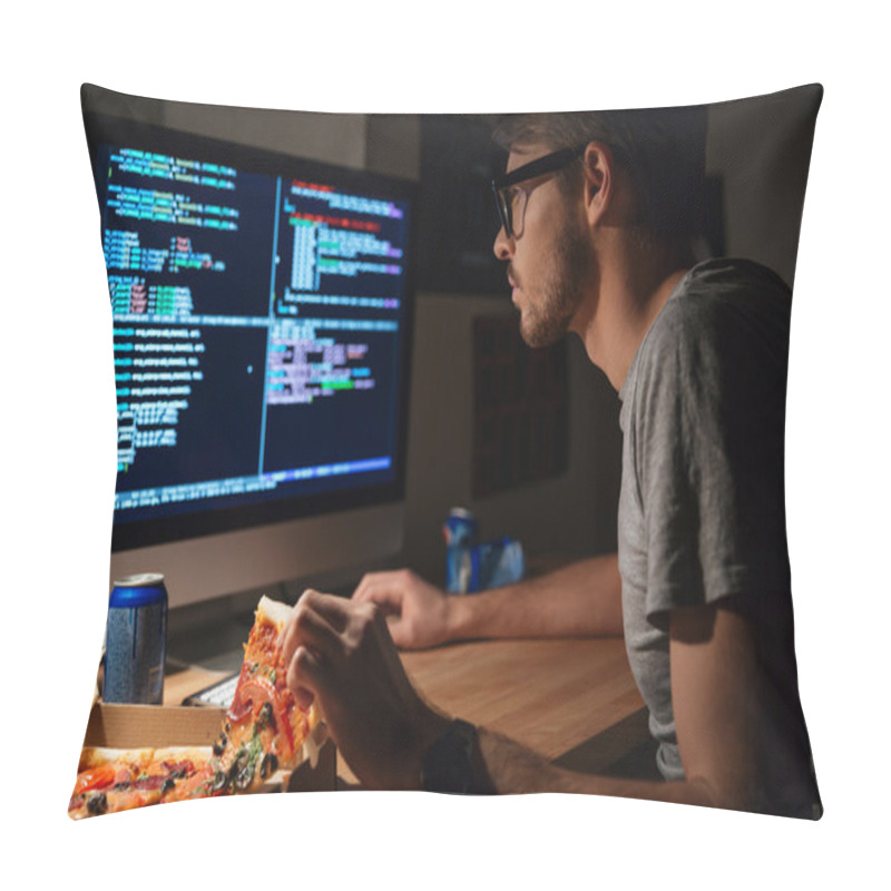 Personality  Concentrated Software Developer Eating Pizza And Coding  Pillow Covers