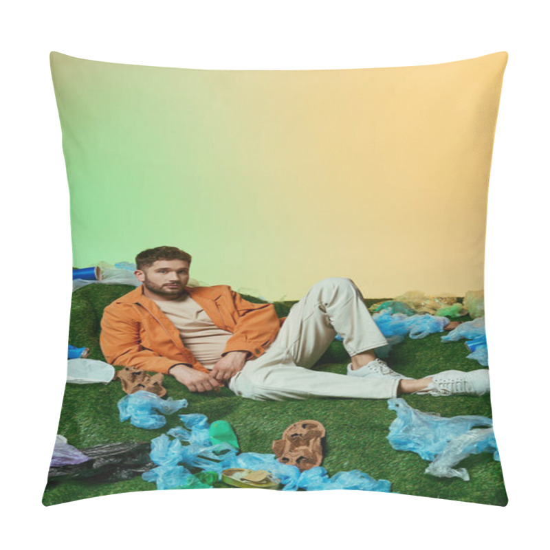 Personality  A Man Lounges On A Patch Of Artificial Grass, Surrounded By Discarded Plastic Bags And Other Debris. Pillow Covers