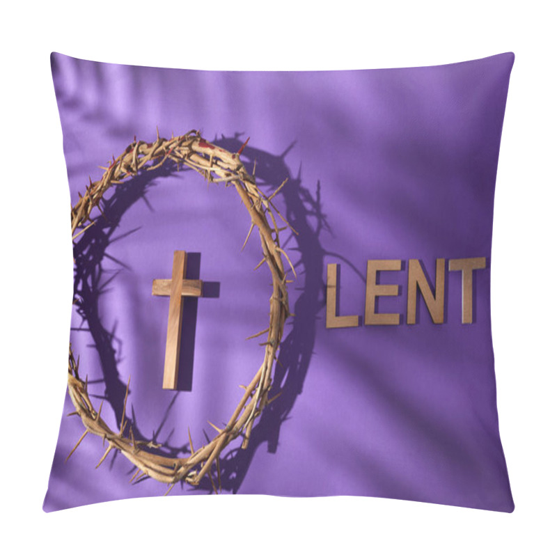 Personality  Lent Season, Holy Week And Good Friday Concept. Crown Of Torns And Cross On Purple Background Pillow Covers