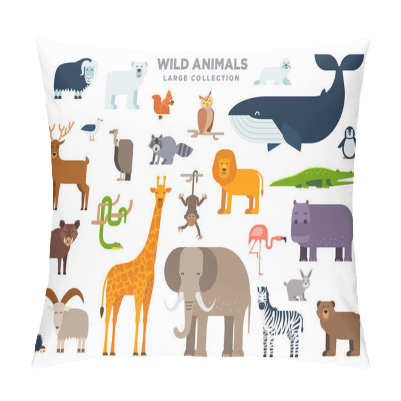 Personality  The Large Set Of Wild Animals In Flat Design Isolated On White Background. Elephant, Lion, Whale, Giraffe, Zebra And Other Animals Vector Flat Illustration Pillow Covers