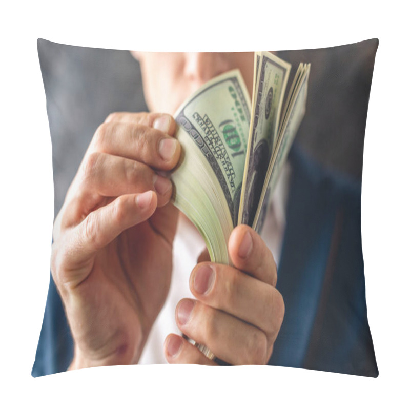 Personality  Man Businessman In A Suit Holds A Stack Of Hundred-dollar Bills In His Hands, Ostentatiously Showing It. The Concept Of Earning And Getting A Large Amount Of Money Pillow Covers