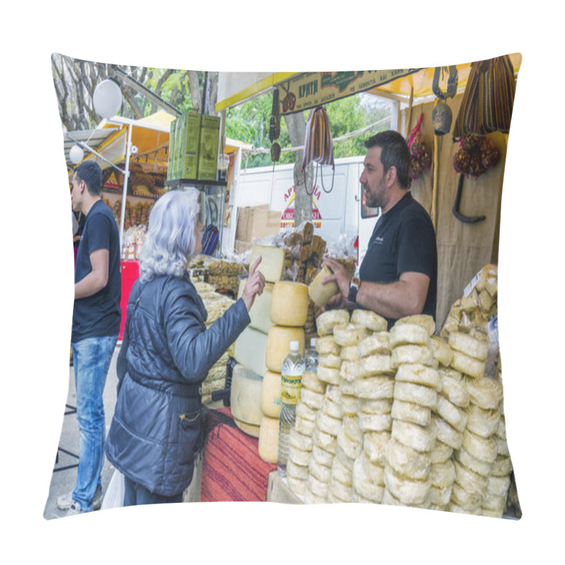 Personality  Athens, Attica / Greece - April 20, 2013: Exhibition Of Cretan Products In Zappeion. People Selling And Bying Traditional Cretan Products Like Olive Oil, Cheese Products, Wine, Honey, Olives Etc. Pillow Covers