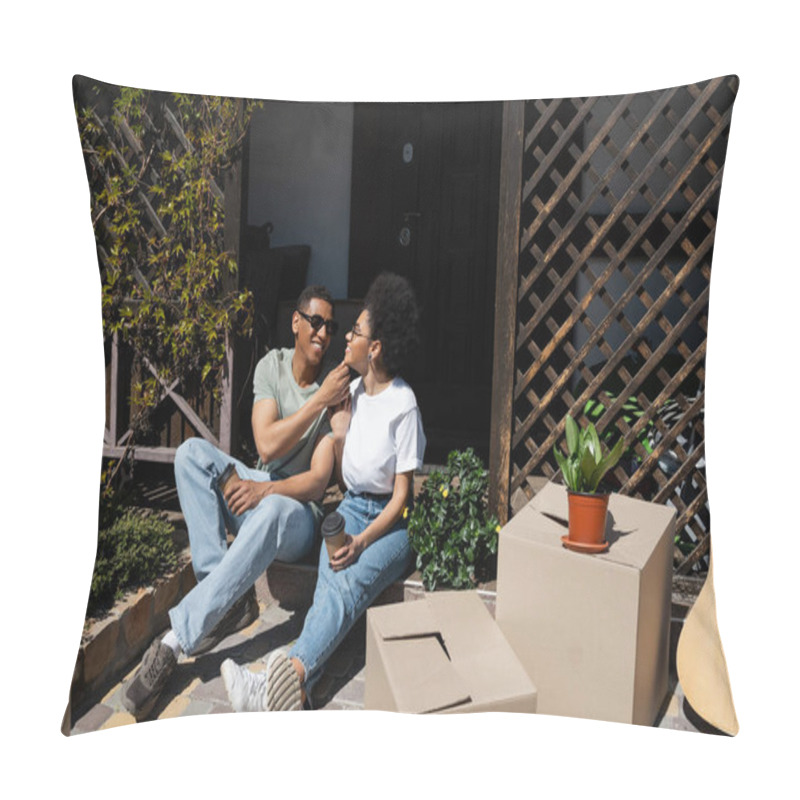 Personality  Positive African American Couple With Coffee To Go Sitting Near Carton Boxes And New House Pillow Covers