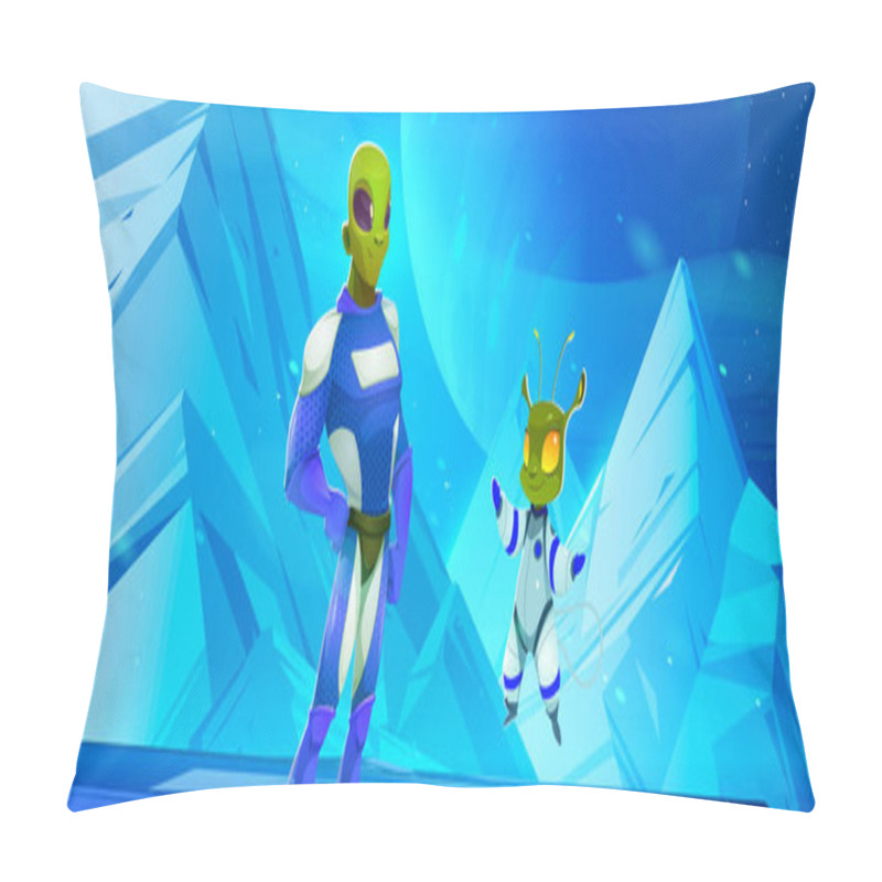 Personality  Martian Alien Cartoon Character Wear Superhero Costume Stand With Arm Akimbo On Extraterrestrial Planet Landscape. Galaxy Comer With Green Skin, Fantastic Friendly Space Personage, Vector Illustration Pillow Covers