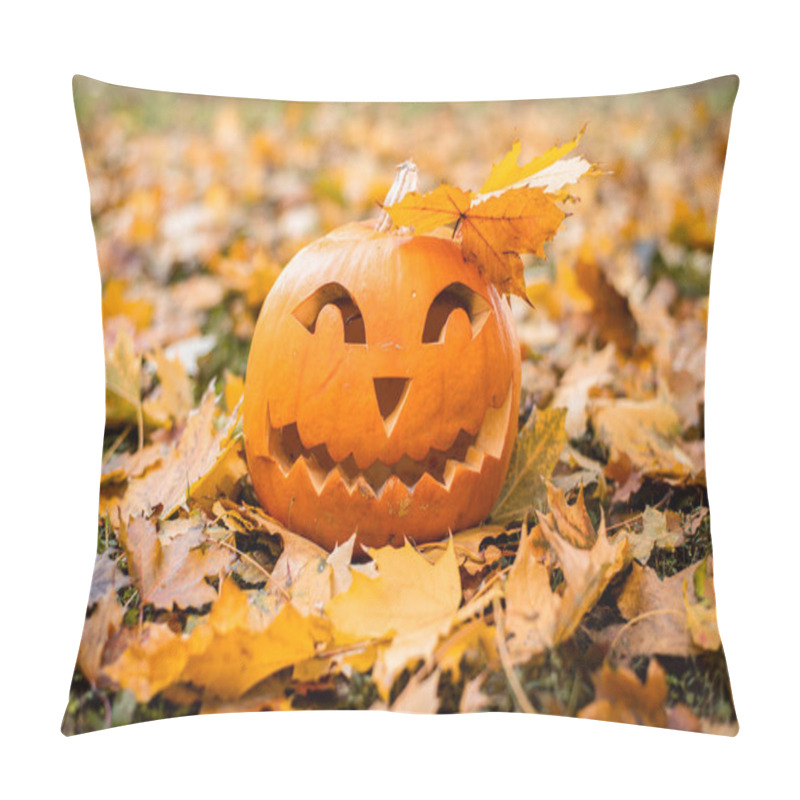 Personality  Orange Pumpkin For Halloween Outdoors In Orange Autumn Leaves.Halloween Concept. Pillow Covers