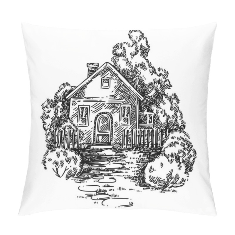 Personality  Village House With Garden, Fence And Path.  Pillow Covers