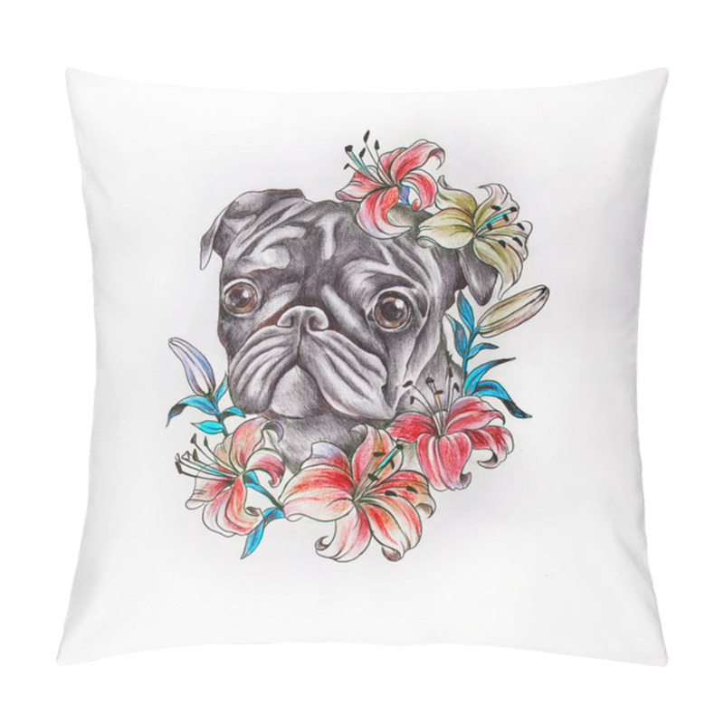 Personality  Sketch Of Pug In Flowers On A White Background Pillow Covers