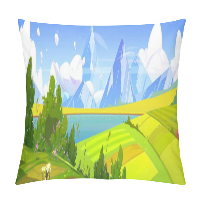 Personality  Summer Landscape With Lake, Agriculture Fields And Mountains. Vector Cartoon Illustration Of Nature Scene Of Countryside With Green Farmlands, River And Rocks Pillow Covers