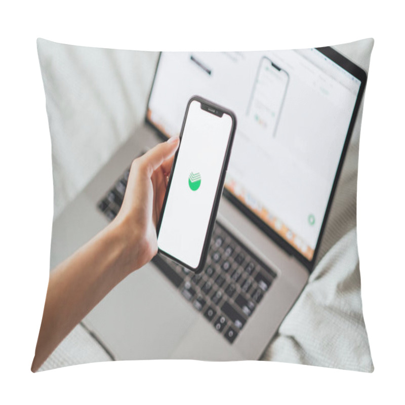 Personality   Hands Holding IPhone With Screen Of Sberbank Online App.  Pillow Covers