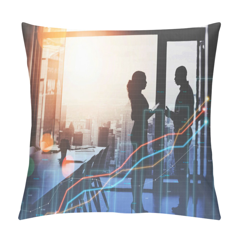 Personality  Business People, Meeting And Charts In Double Exposure For Data Analytics Advice, Investment Negotiation Or Planning. Analyst, Investor Or Financial Team For Silhouette And Stats Overlay On Growth. Pillow Covers