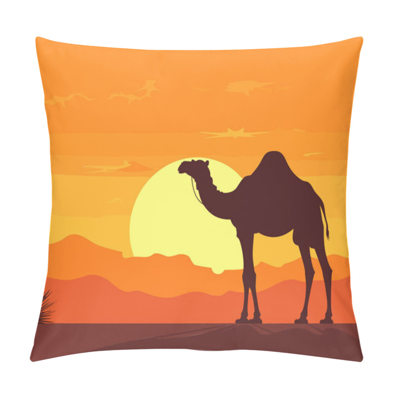 Personality  Camel And Walking In Sunset View Vector, Silhouette Of A Camel Caravan With Camel In The Desert On Mountains, Vector Illustration. Pillow Covers