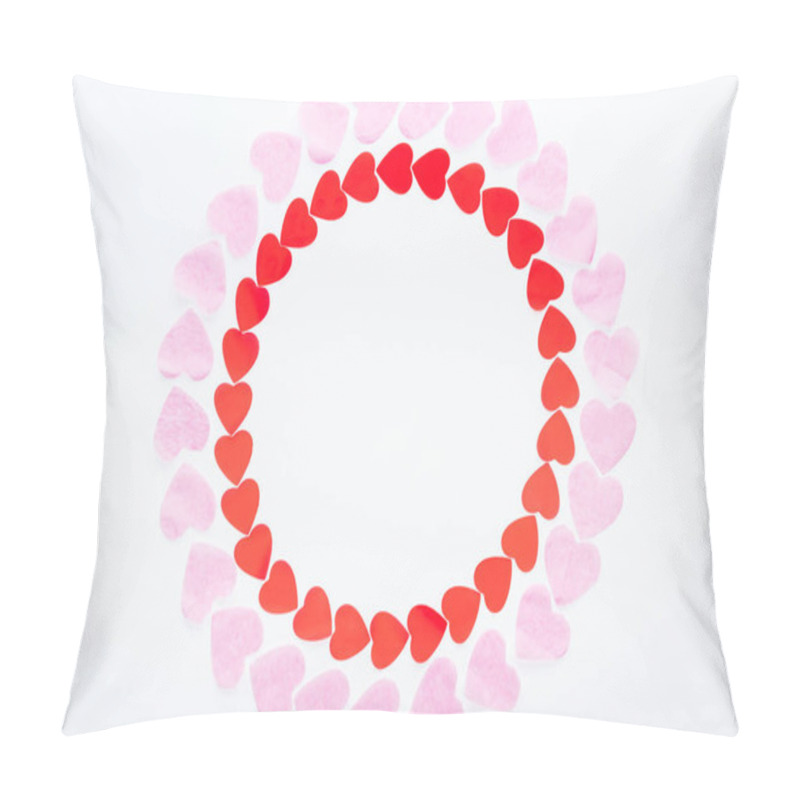 Personality  Top View Of Round Frame Made With Red And Pink Paper Hearts Isolated On White, St Valentines Day Concept Pillow Covers