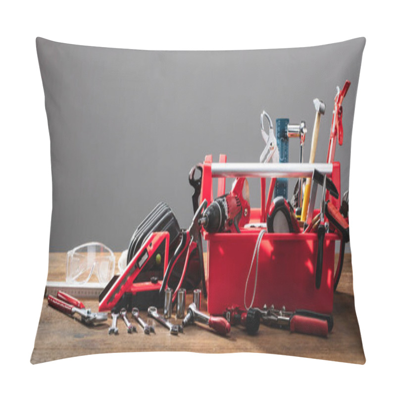 Personality  Toolbox With Different Worktools Against Grey Background Pillow Covers