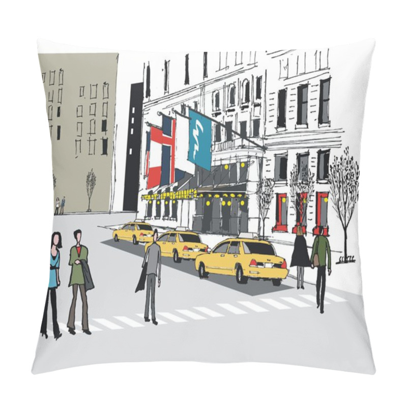 Personality  Vector Illustration Of Taxis Outside Manhattan Hotel, New York Pillow Covers