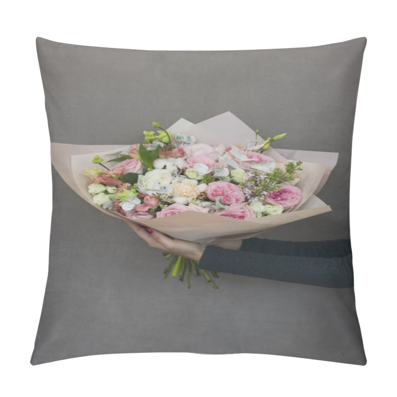 Personality  The Delicate Rustic Floral Bouquet In Woman Hands On Grey Background Pillow Covers