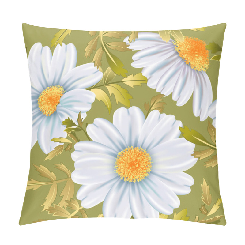 Personality  White Chamomile Flower Close Up On Olive Background. Pillow Covers