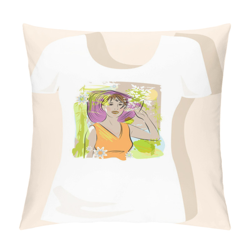 Personality  T-shirt Design. Young Women Wearing A Straw Hat . Pillow Covers