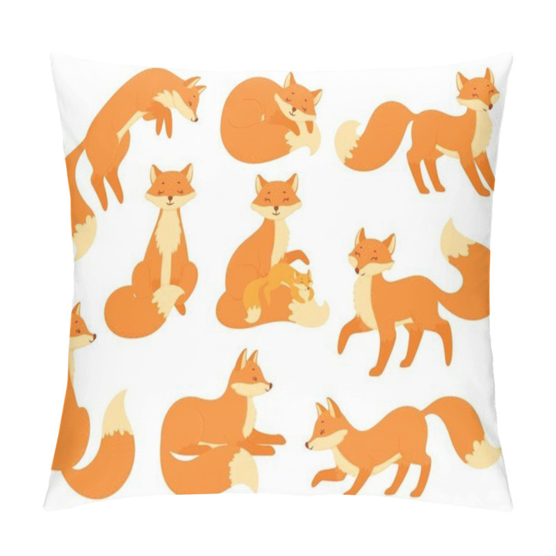 Personality  Cartoon Red Foxes Sitting Or Sleeping, Wildlife Forest Animals. Cute Baby Fox With Mother, Woodland Animal Mascot In Different Poses Vector Set Pillow Covers