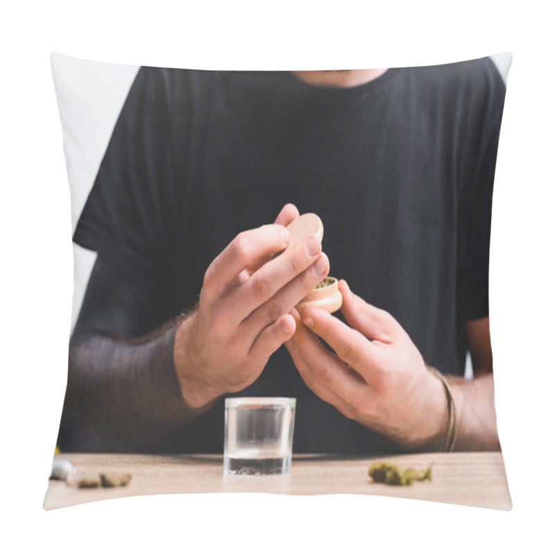 Personality  Cropped View Of Man Closing Herb Grinder With Medical Marijuana While Sitting At Table Pillow Covers