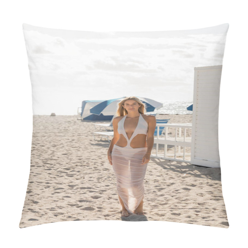 Personality  A Serene Scene On Miami Beach As A Young, Beautiful Blonde Woman Stands Gracefully On The Sandy Shoreline. Pillow Covers