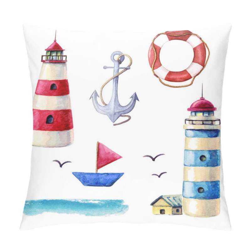 Personality  Watercolor Nautical Elements Collection. Various Lighthouses Isolated On White Backdrop. Illustration Of Red And Blue Striped Lighthouses, Ship, Anchor Lifebuoy And Gulls. Hand Painted Nautical Set. Pillow Covers