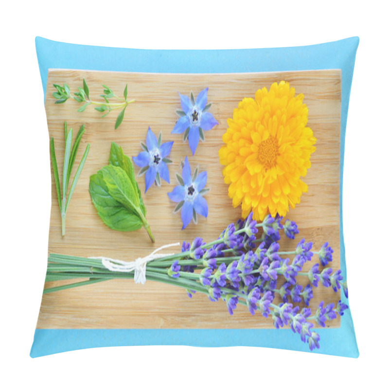 Personality  Summer Herbs And Edible Flowers On Wooden Plate. Pillow Covers