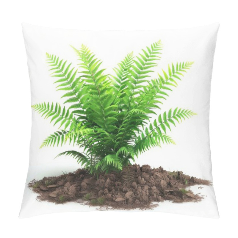 Personality  A Lush Green Fern, Thriving In Rich Brown Soil, Embodying Nature's Beauty. Pillow Covers