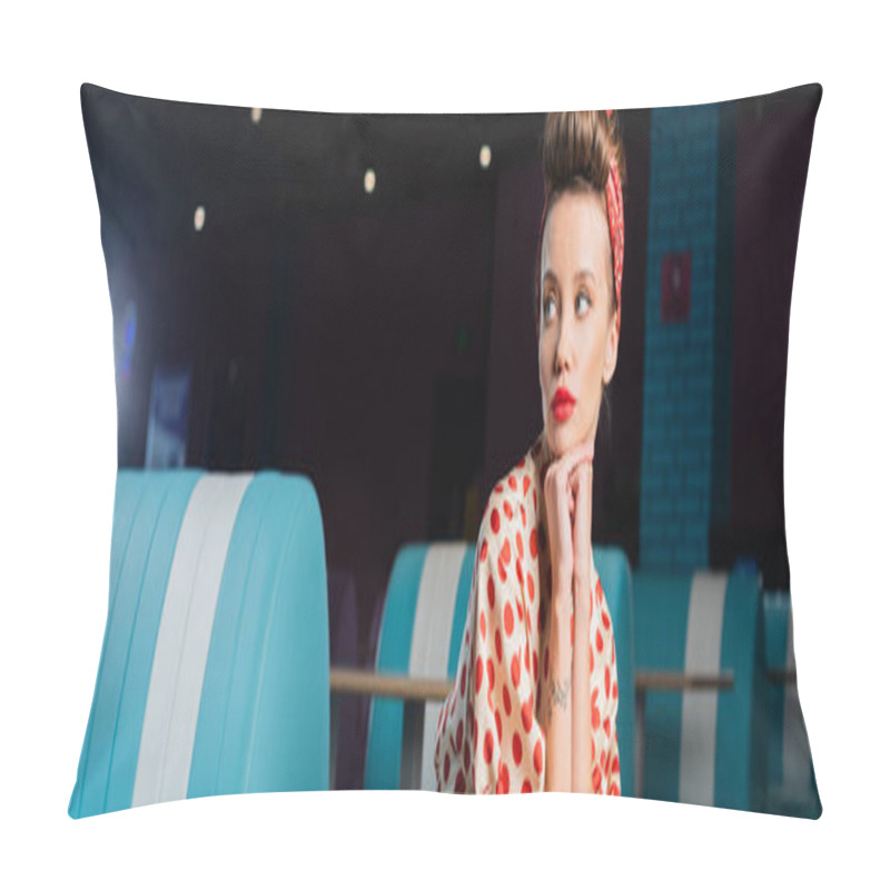 Personality  Tattooed Pin Up Woman With Red Lips And Polka Dot Dress Looking Away, Banner  Pillow Covers