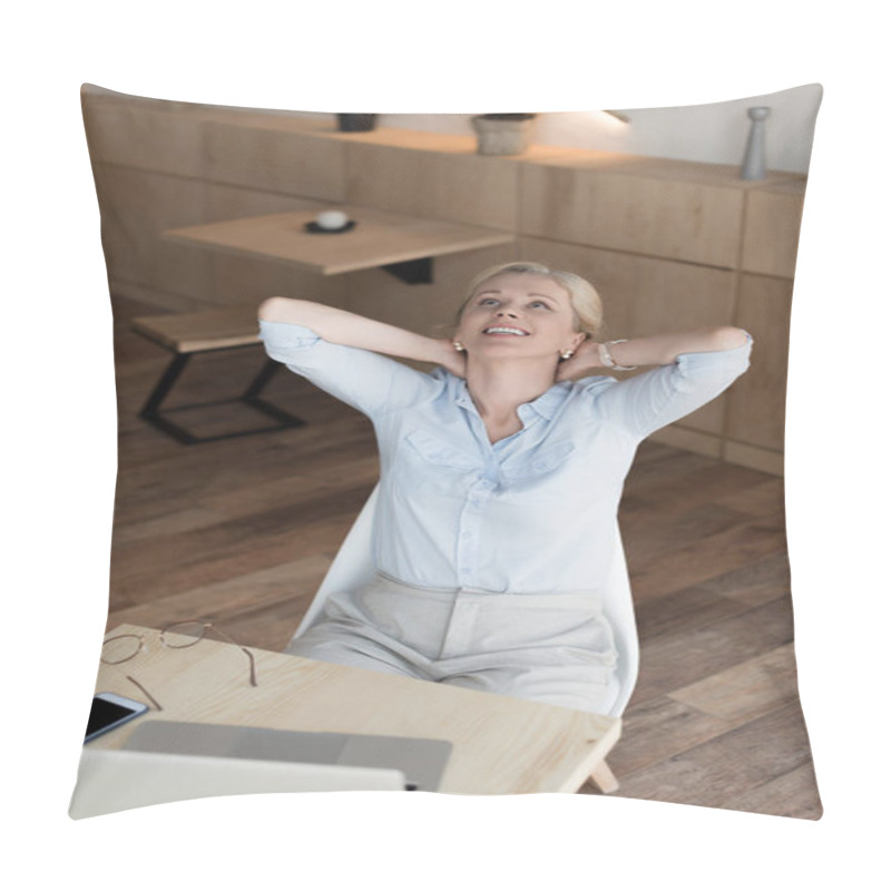 Personality  Smiling Woman With Digital Devices Pillow Covers